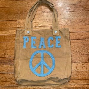 TOTE BAG “PEACE” LETTERS ON FRONT BEIGE CANVAS STURDY BAG EXCELLENT